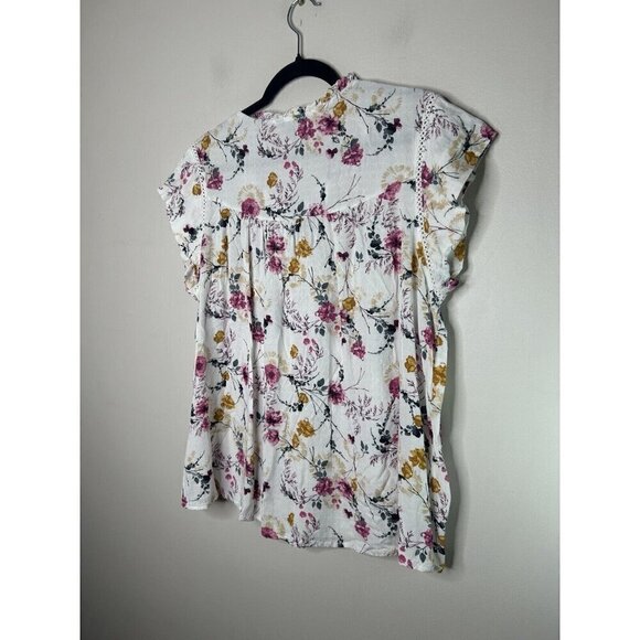 Buffalo David Bitton White Floral Blouse Capped Short Sleeves Size Large - Picture 6 of 11